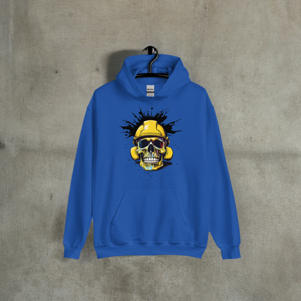 Blue Collar Construction Worker Skull in Hard Hat, Unisex Hoodie