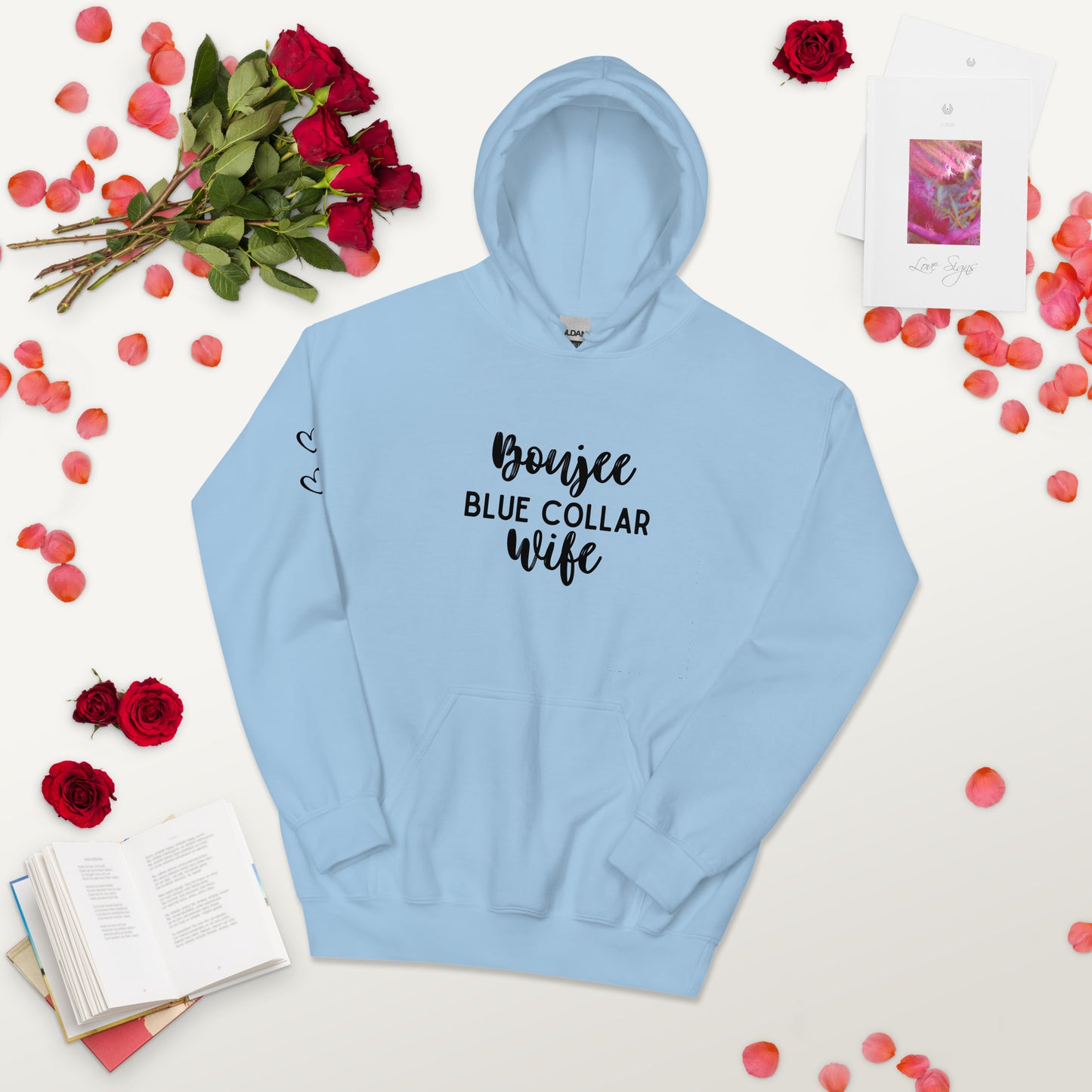 Boujee Blue Collar Wife, Cute Heart on Sleeve, Unisex Hoodie Sweatshirt