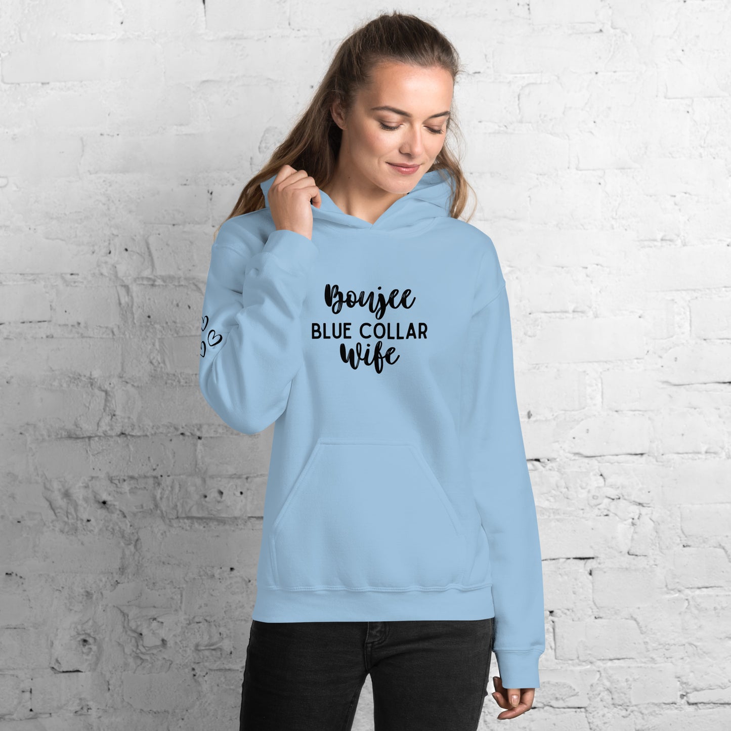 Boujee Blue Collar Wife, Cute Heart on Sleeve, Unisex Hoodie Sweatshirt