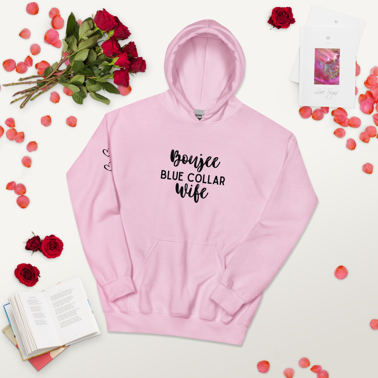 Boujee Blue Collar Wife, Cute Heart on Sleeve, Unisex Hoodie Sweatshirt