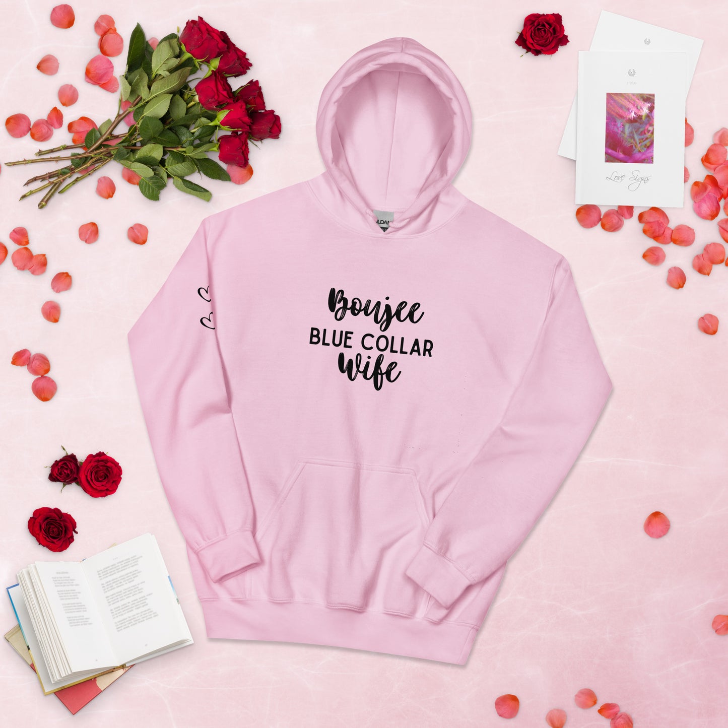 Boujee Blue Collar Wife, Cute Heart on Sleeve, Unisex Hoodie Sweatshirt