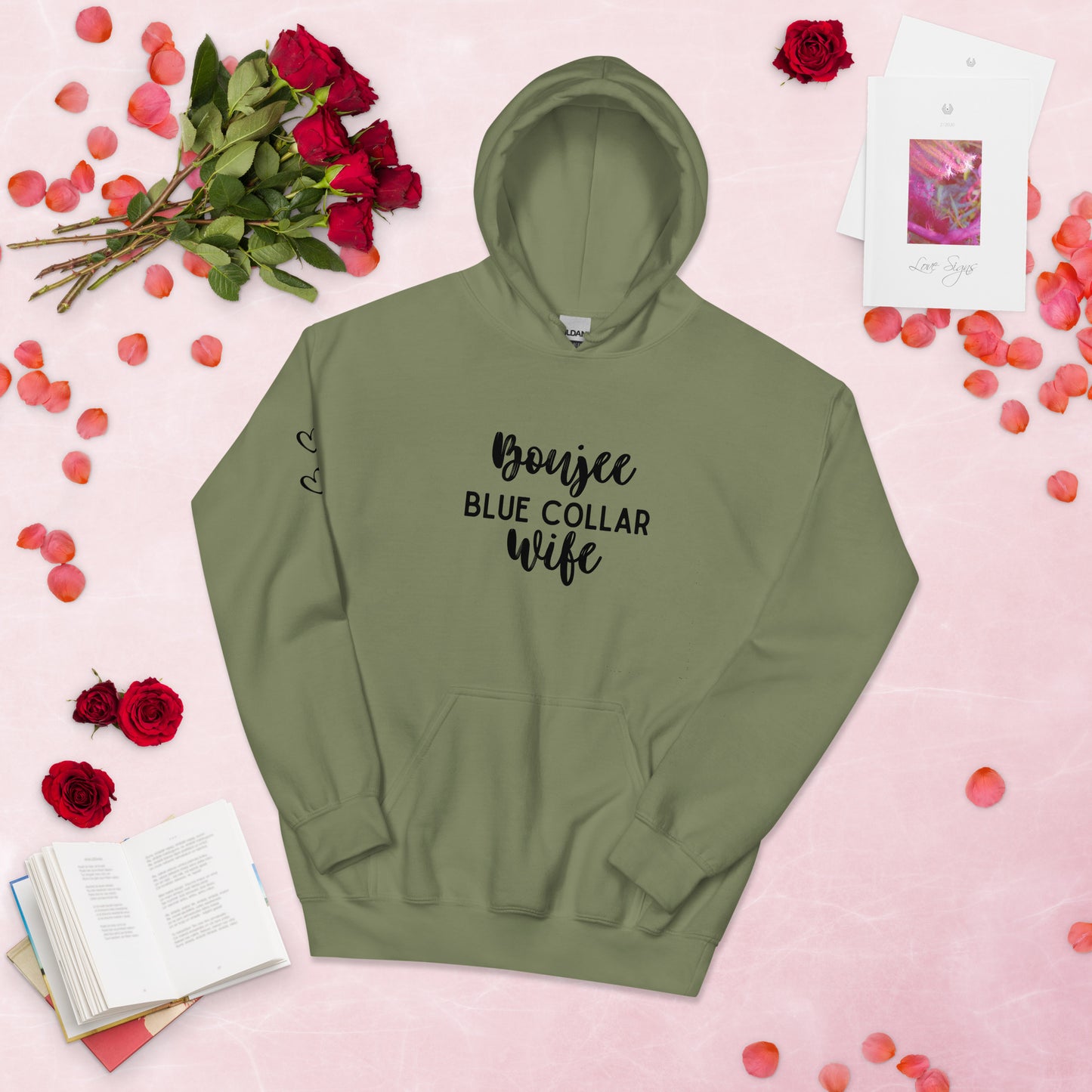 Boujee Blue Collar Wife, Cute Heart on Sleeve, Unisex Hoodie Sweatshirt