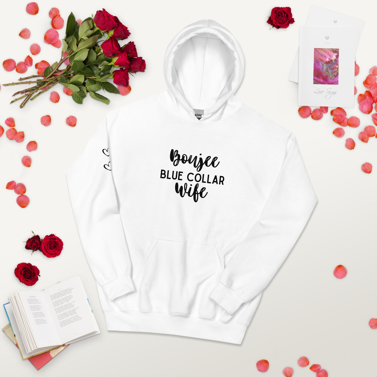 Boujee Blue Collar Wife, Cute Heart on Sleeve, Unisex Hoodie Sweatshirt