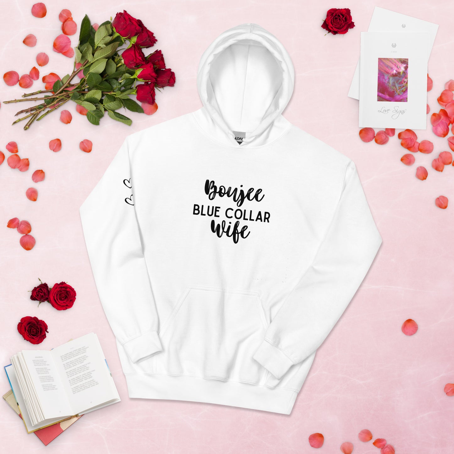 Boujee Blue Collar Wife, Cute Heart on Sleeve, Unisex Hoodie Sweatshirt